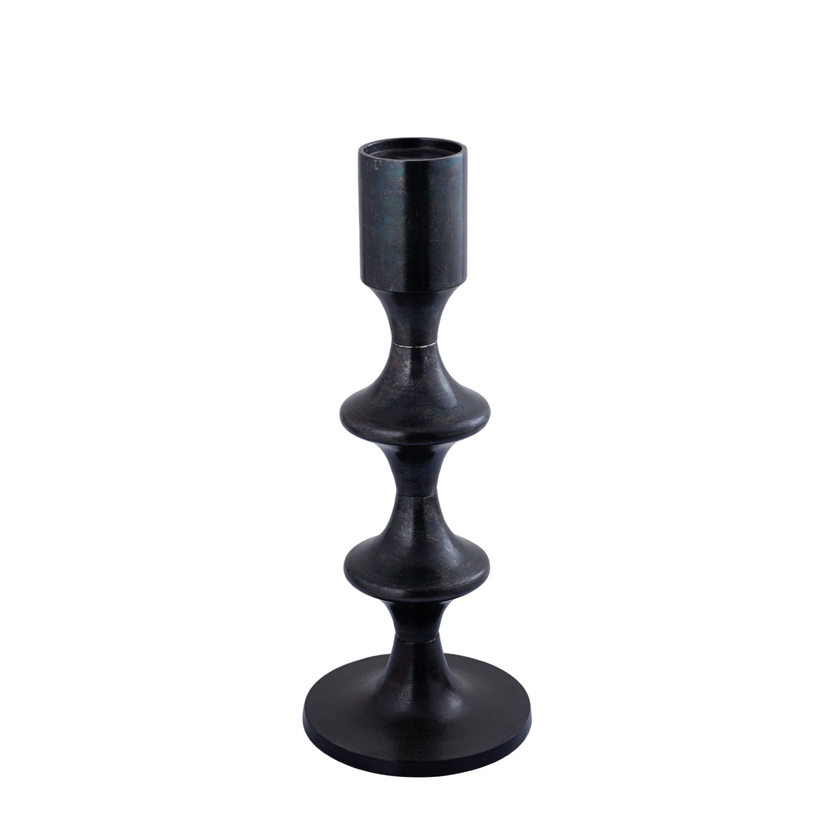 Taika Black candelabro redondo de aluminio bajo con pestañas H73cm PTMD