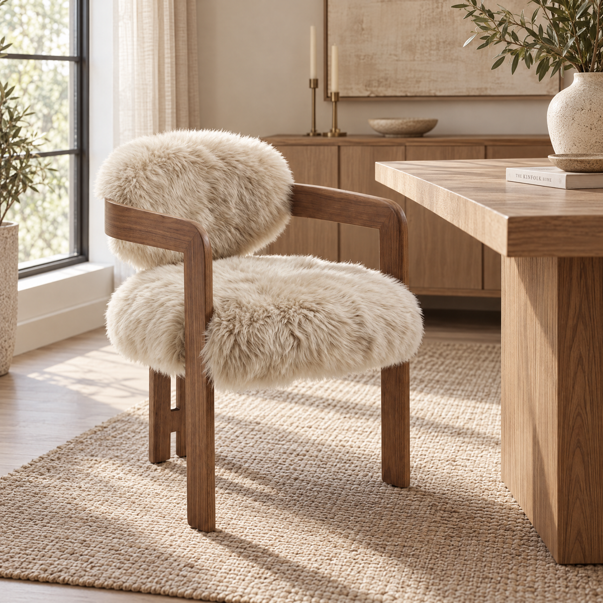 Silla de comedor Avelon Piel de oveja auténtica Beige Madera de haya PTMD