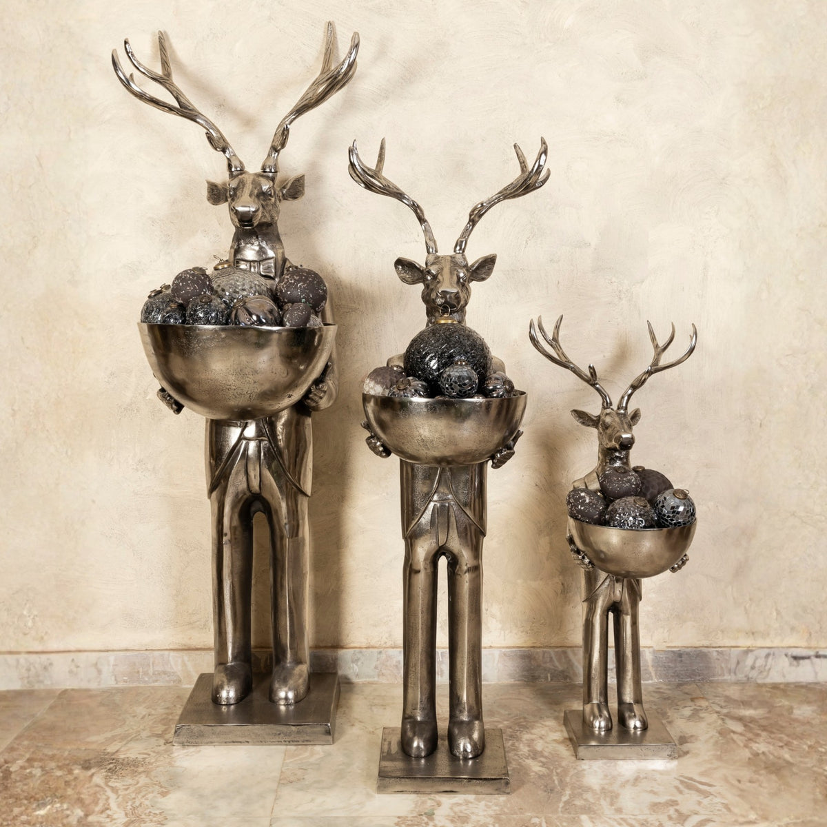 Estatua de reno con cuenco en metal gunmetal, 192 cm, grande, PTMD