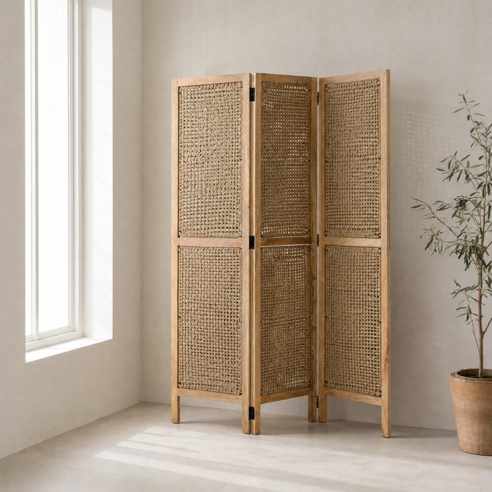 Biombo Divisor Con Paneles De Ratán Madera De Mango Natural J-Line