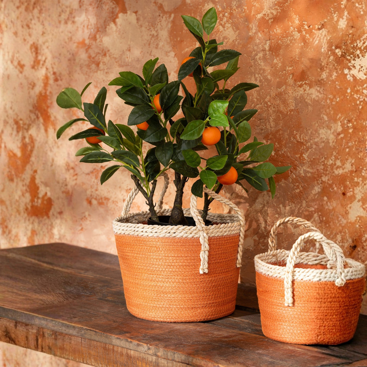 Juego de 3 cestas con asas de papel naranja oscuro/natural J-Line