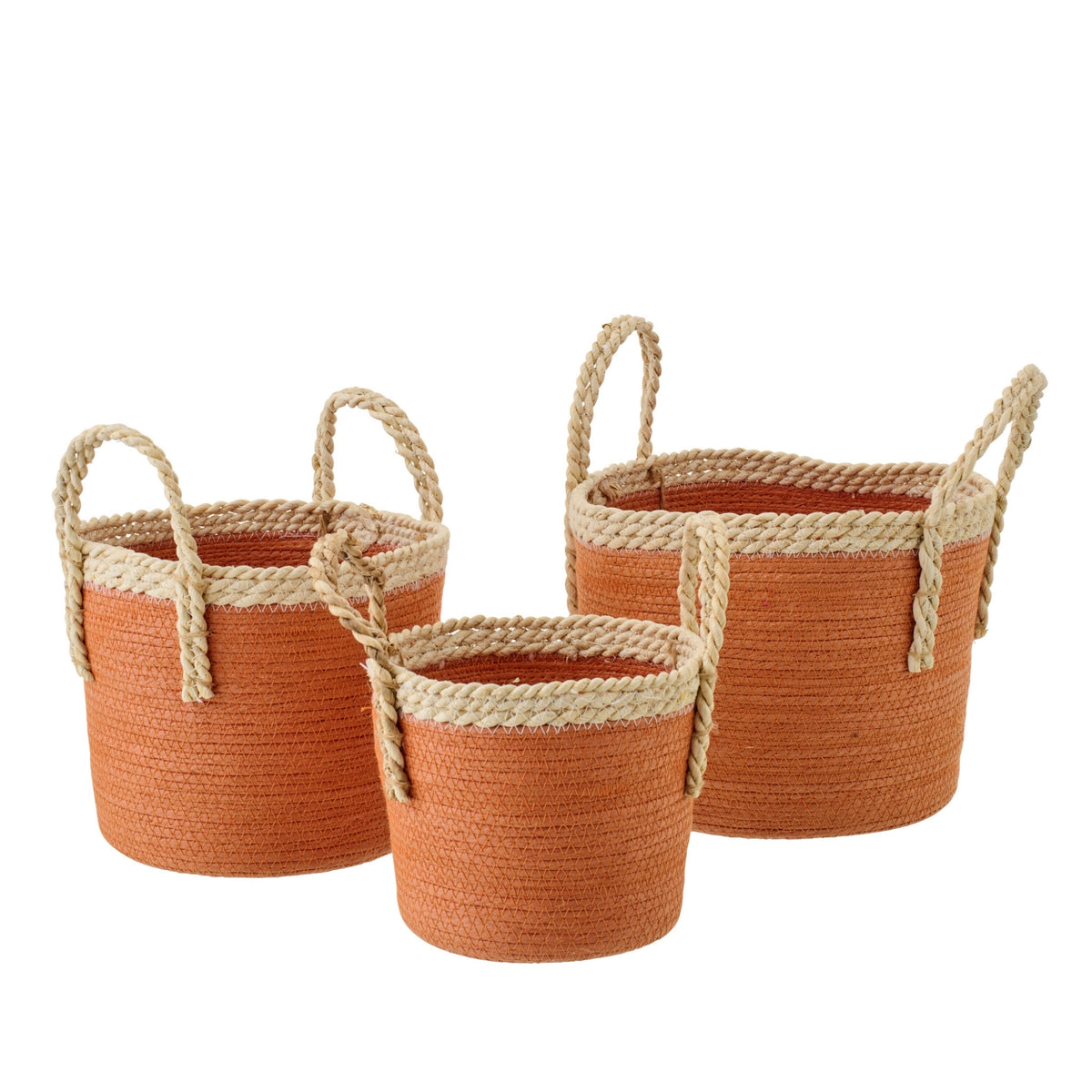 Juego de 3 cestas con asas de papel naranja oscuro/natural J-Line