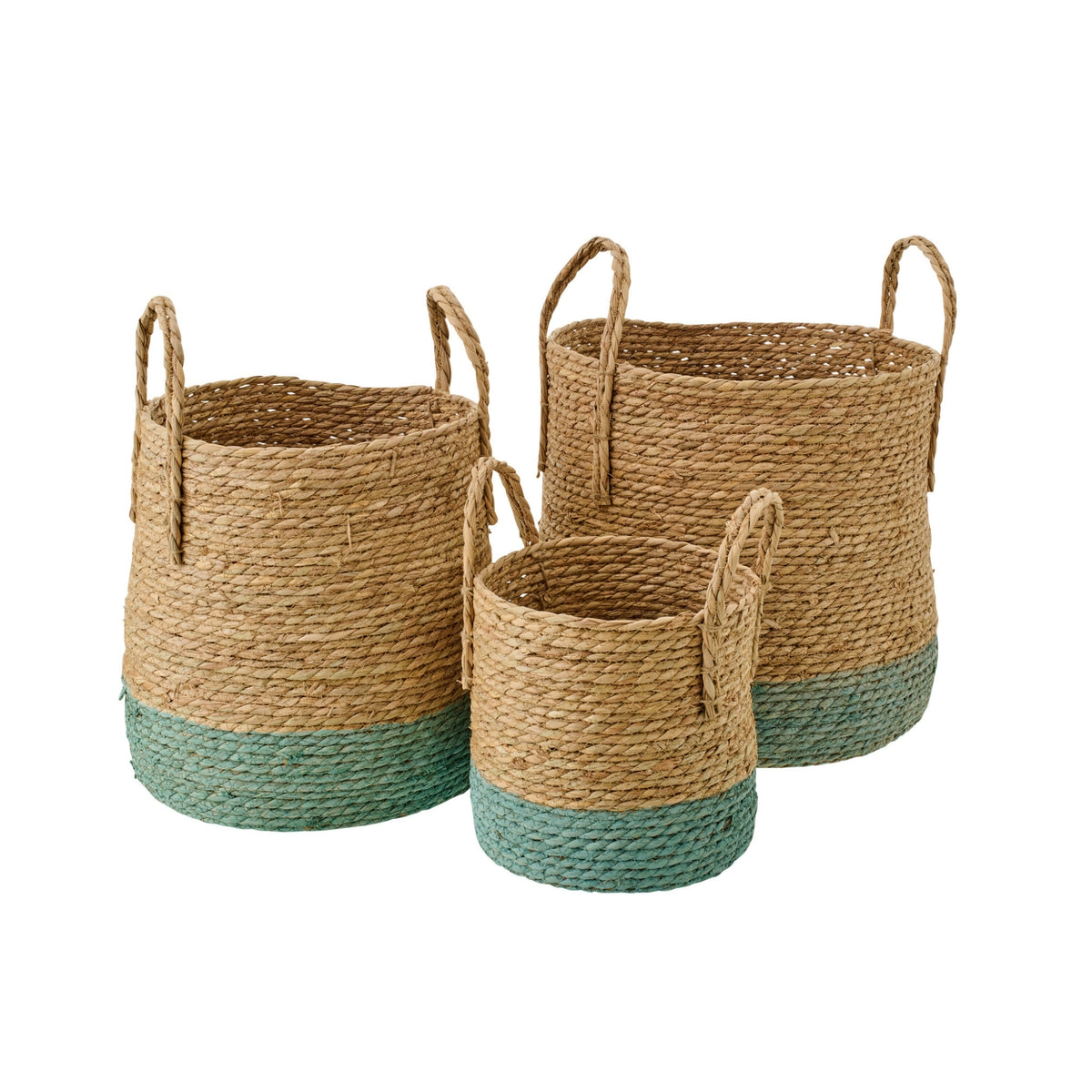 Juego de 3 cestas con asas, ribete natural/verde grisáceo J-Line