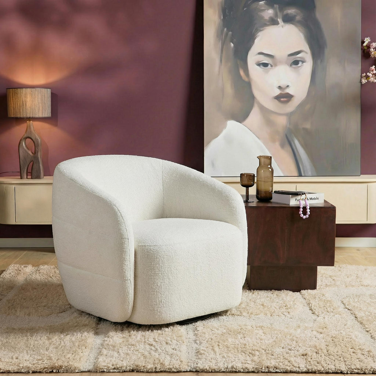 Sillón giratorio Yara de tela color blanco roto Starfurn