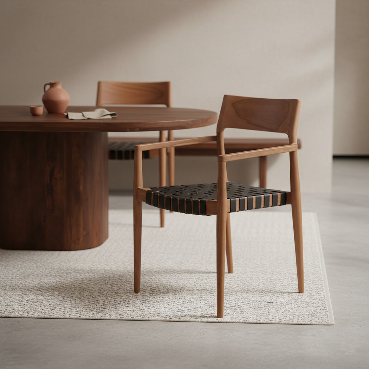 Silla de comedor Freya con reposabrazos, cuero negro, juego de 2, Raw Materials