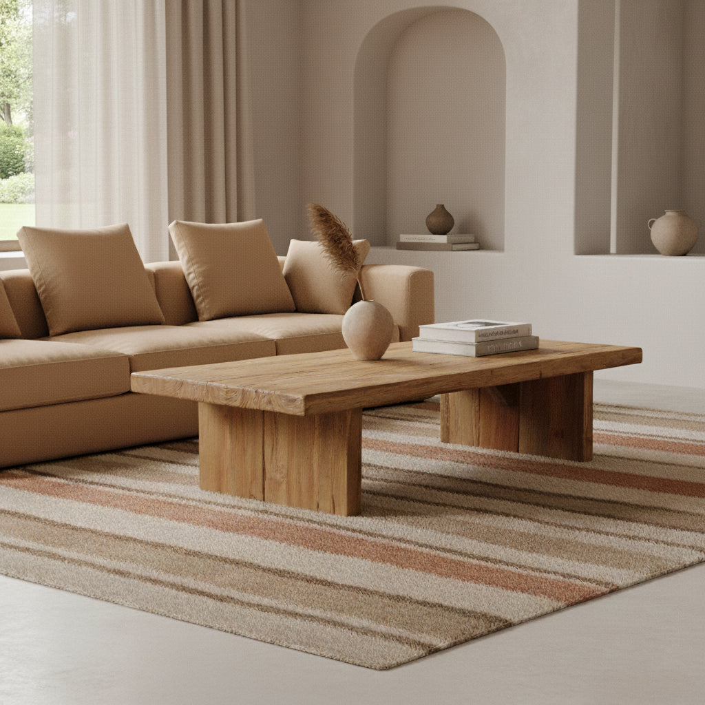 Mesa de centro rectangular de madera de teca, materiales brutos reciclados con certificación FSC