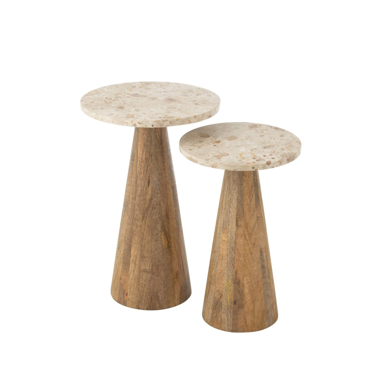Mesa auxiliar redonda de mármol y madera, beige/marrón, juego de 2, J-Line