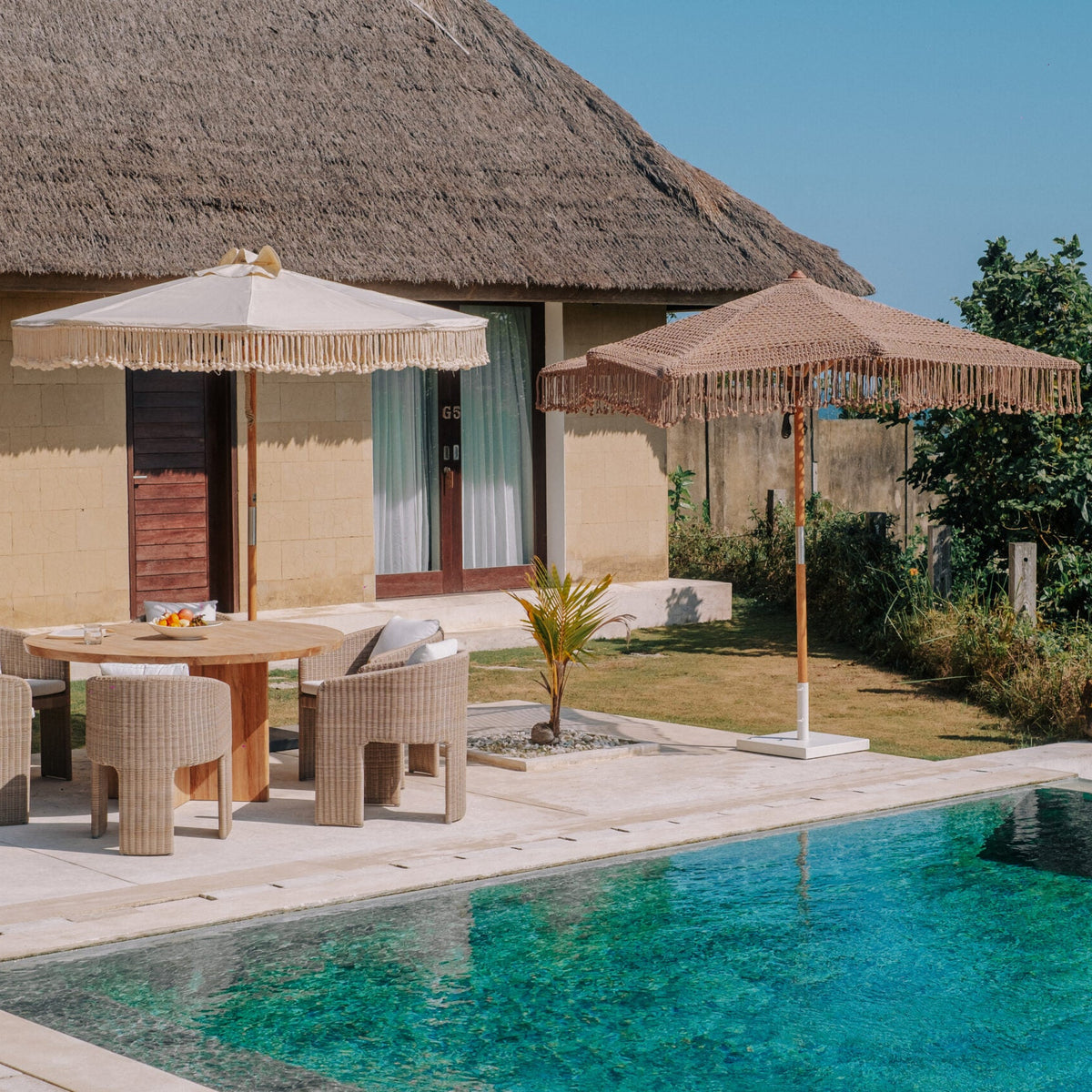 Canvas Parasol Fringe - Crème 250cm - Handgeknoopte parasol - Todo Bien - livinglovely.nl