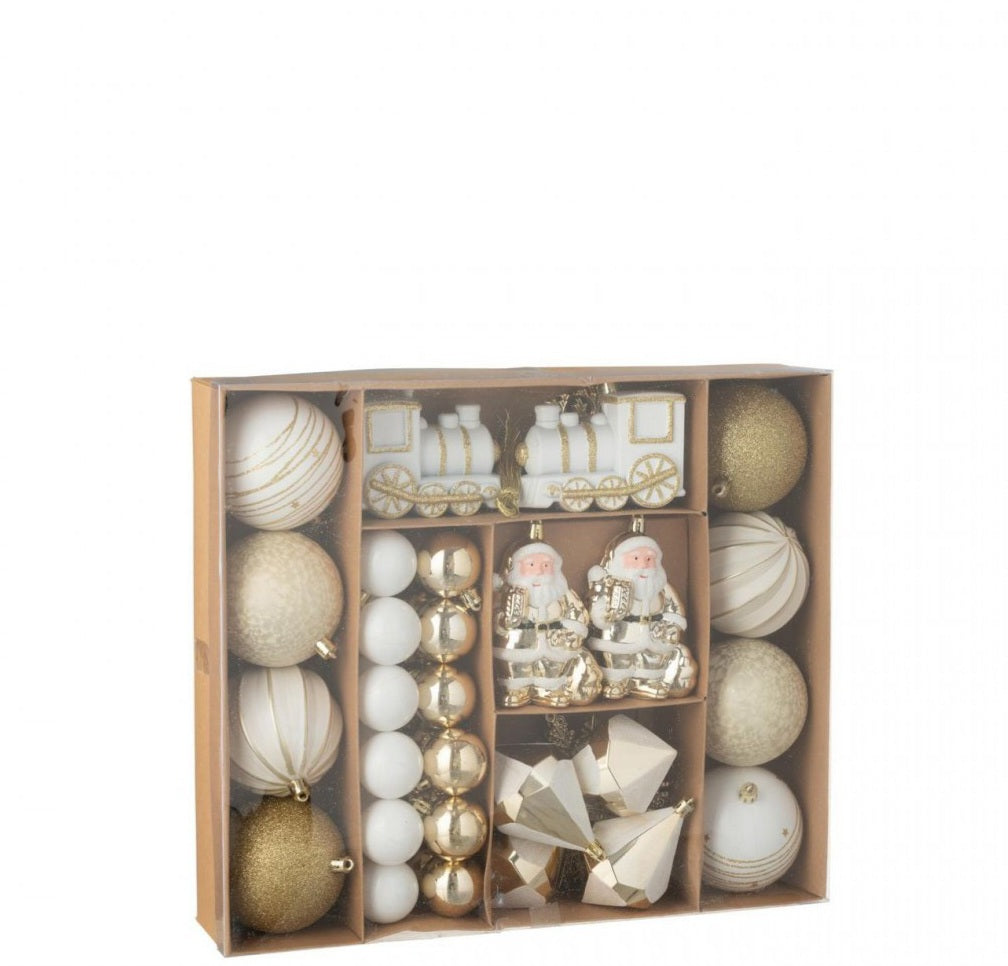Caja de 55 bolas de Navidad de plástico color dorado/blanco J-Line