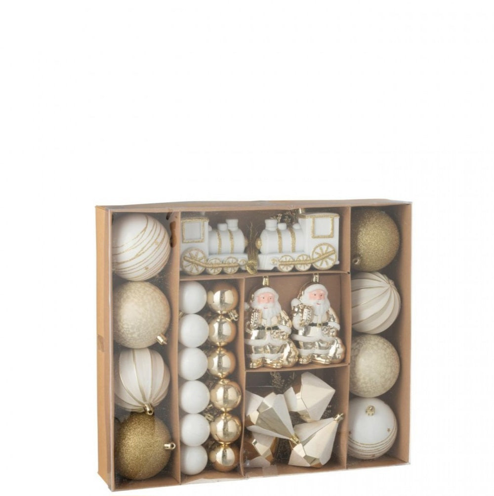 Caja de 55 bolas de Navidad de plástico color dorado/blanco J-Line