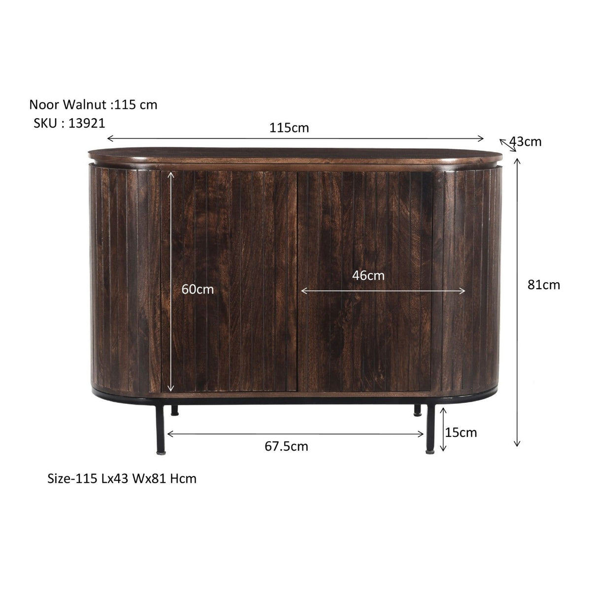 Maatschets van het Noor dressoir met afmetingen 115 bij 43 bij 81 cm