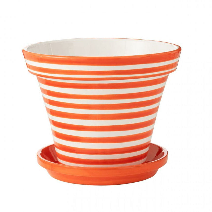 Maceta+Plato Granada Rayas Cerámica Hecha a Mano+Pintada Naranja Extra Grande J-Line