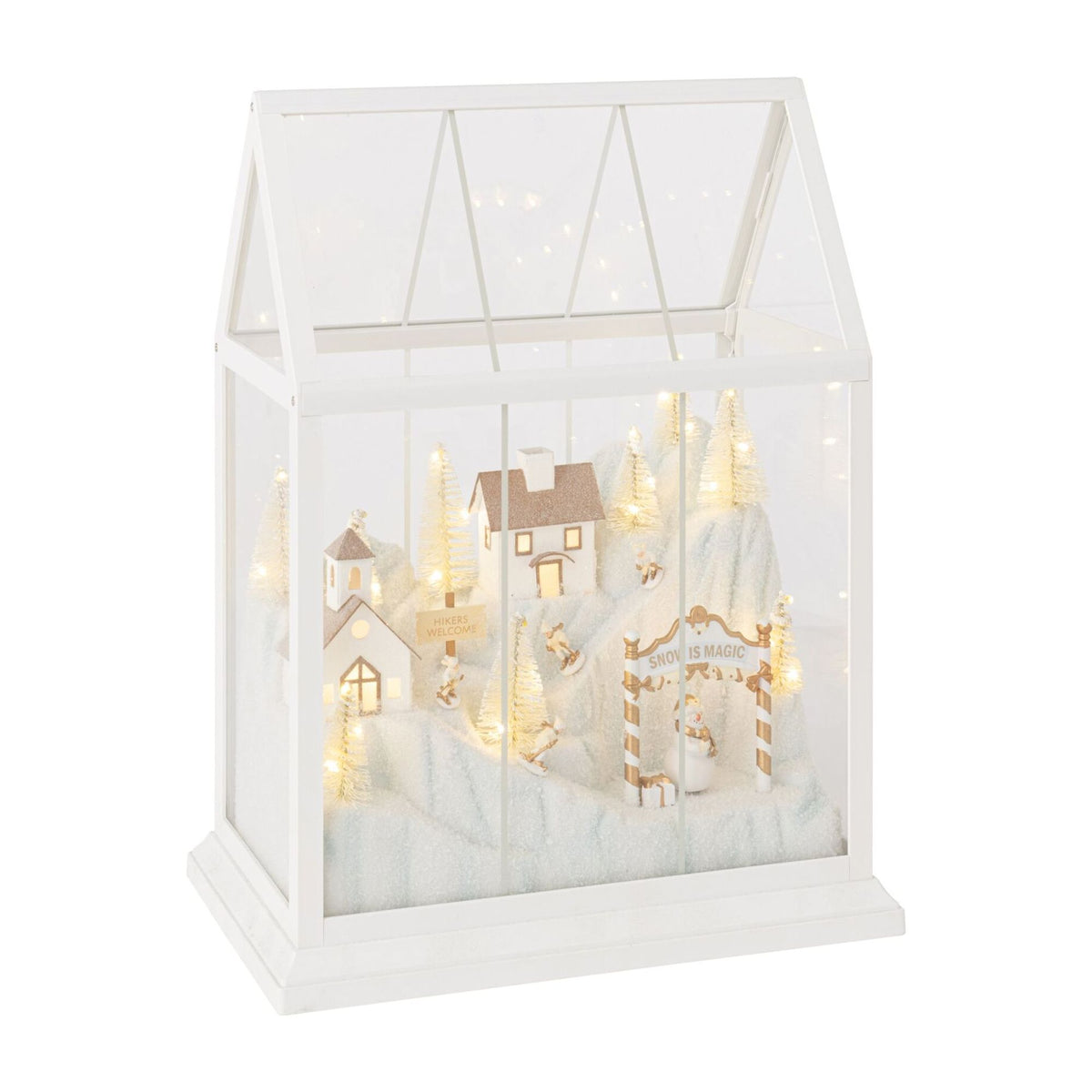 Pueblo navideño de cristal LED blanco/dorado, tamaño mediano J-Line