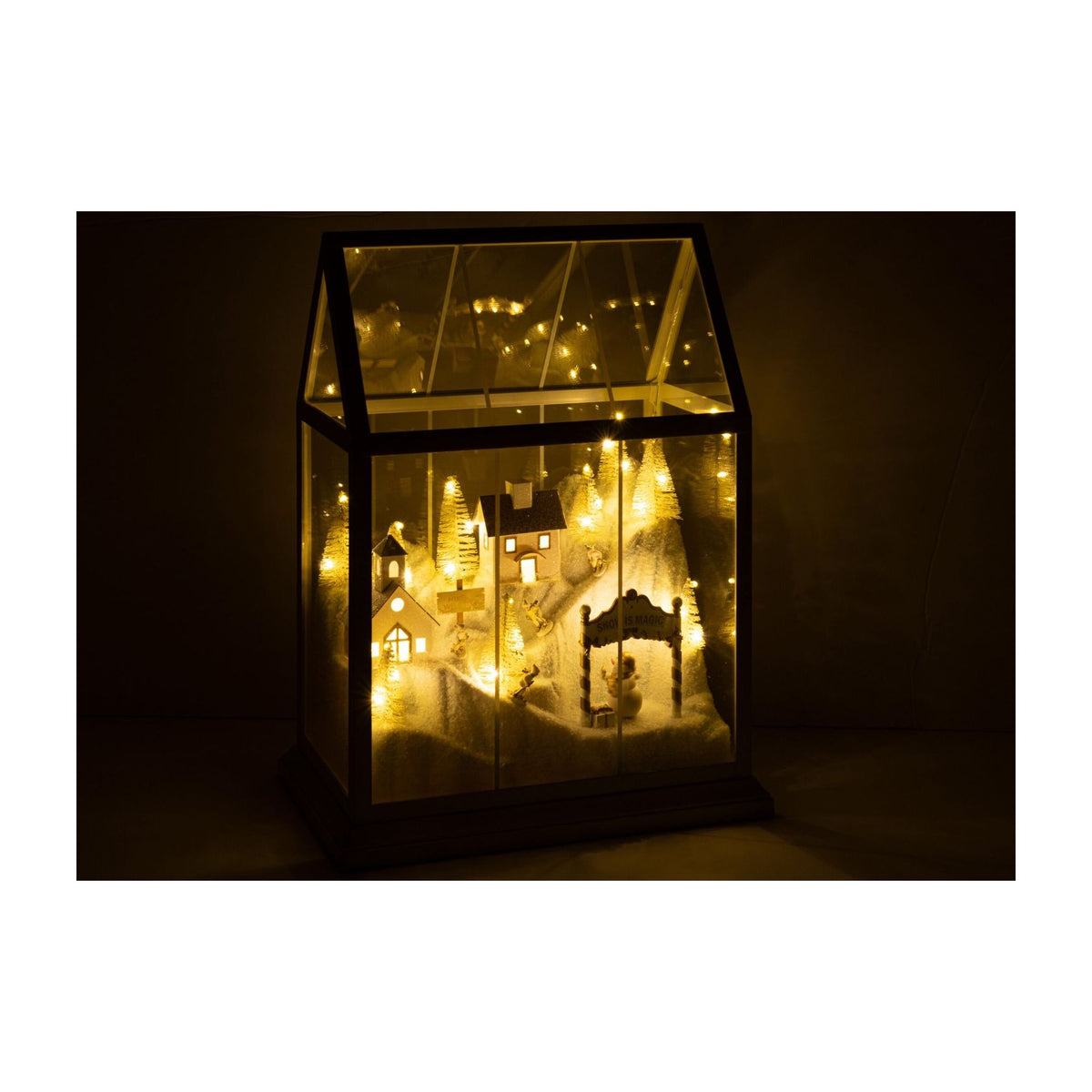 Pueblo navideño de cristal LED blanco/dorado, tamaño mediano J-Line