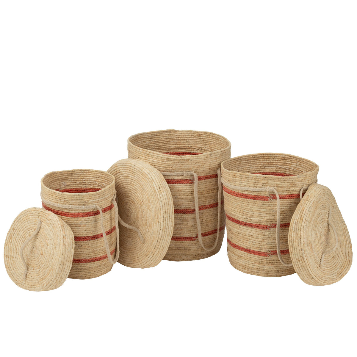 Mand Strepen + Deksel Maïs Naturel/Rood Set van 3 J-Line - Mand - J-Line - livinglovely.nl