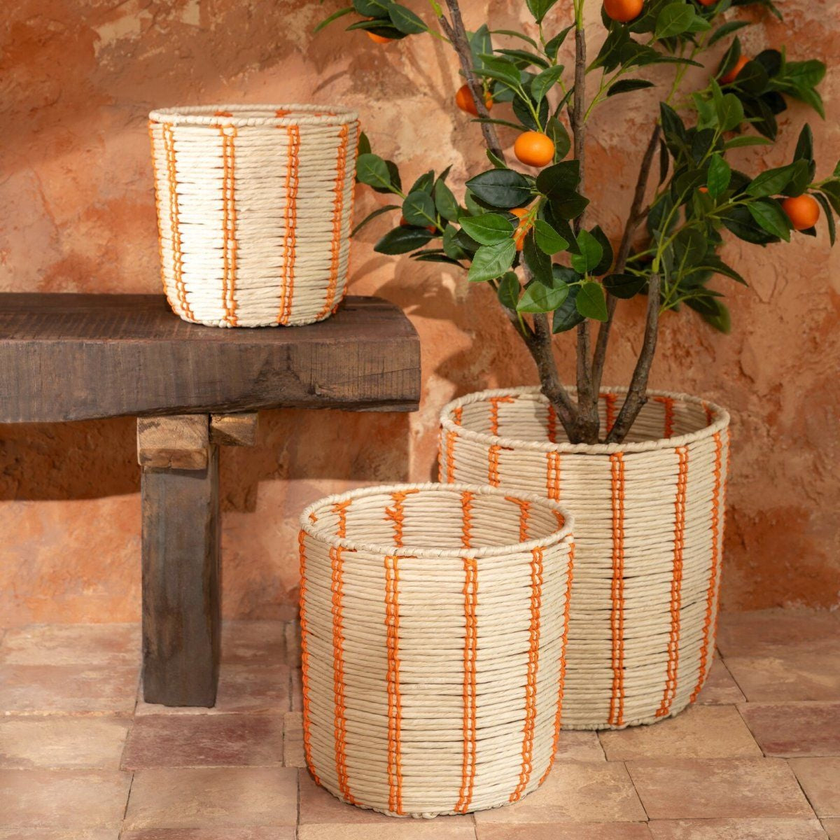 Cestas Redondas de Papel a Rayas Natural/Naranja Set de 3 J-Line