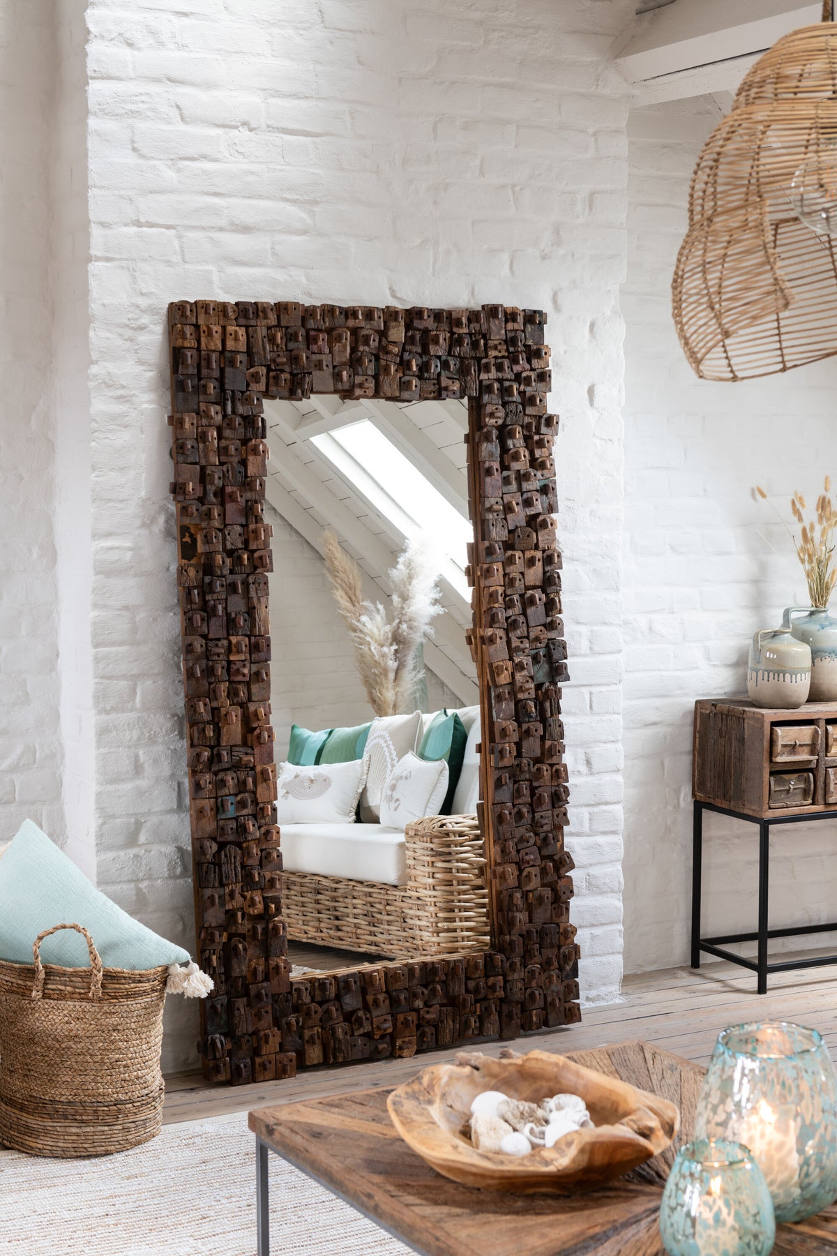 MIRROR SYMA RECYLCED WOOD/MIRROR NATURAL LARGE - - J-Line - livinglovely.nl