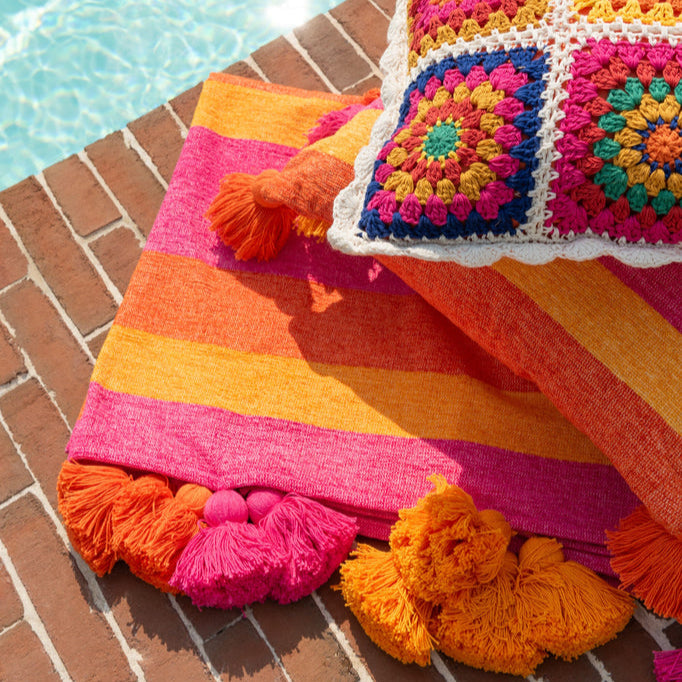 Plaid Strepen + Kwastjes Katoen Mix J-Line - Poef - J-Line - livinglovely.nl