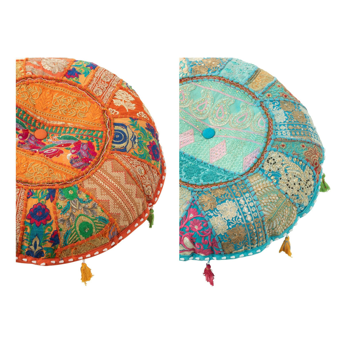 Puf redondo bajo con estampados + borlas de algodón naranja/azul, set de 2, J-Line