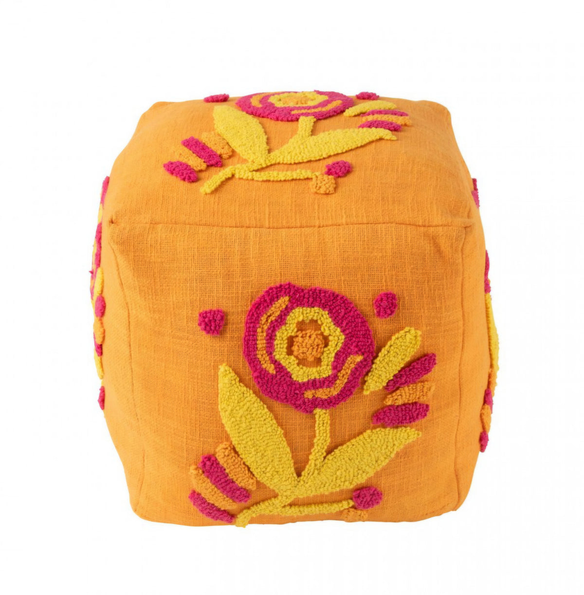 Puf cuadrado de algodón con flores naranja/rosa/amarillo J-Line