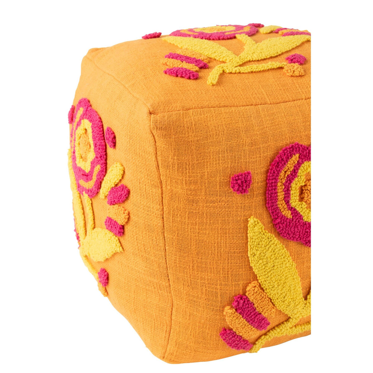Puf cuadrado de algodón con flores naranja/rosa/amarillo J-Line
