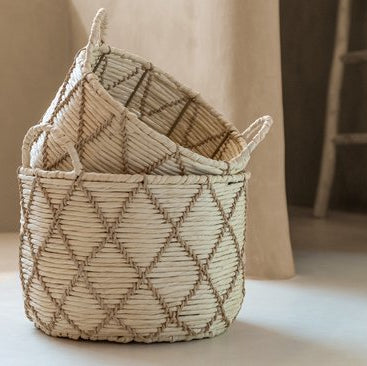 Juego de 3 cestas con asa redondas de papel a cuadros natural/beige J-Line