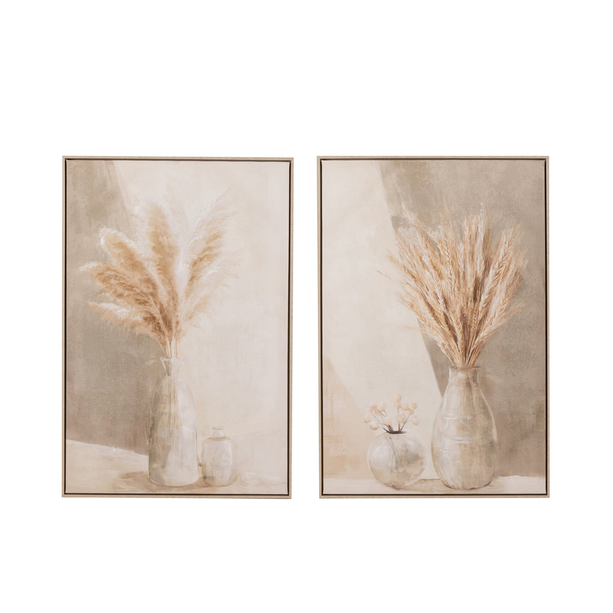 Cuadro de jarrón con hierba de la pampa en lienzo/madera beige, set de 2, J-Line