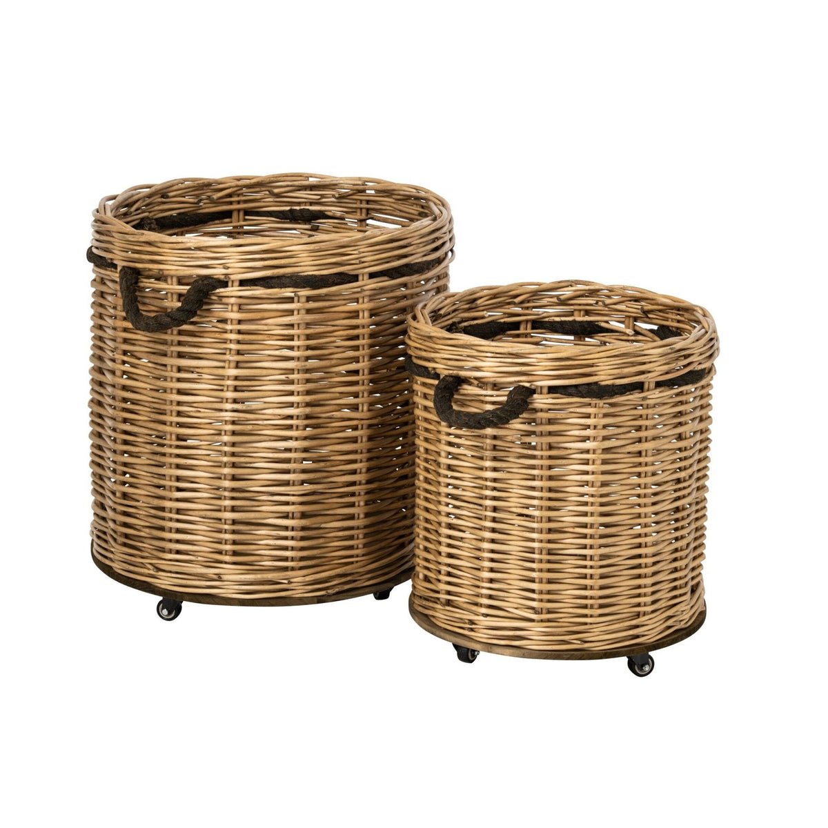 Juego de 2 Maceteros Redondos de Mimbre Natural/Greige con Ruedas J-Line