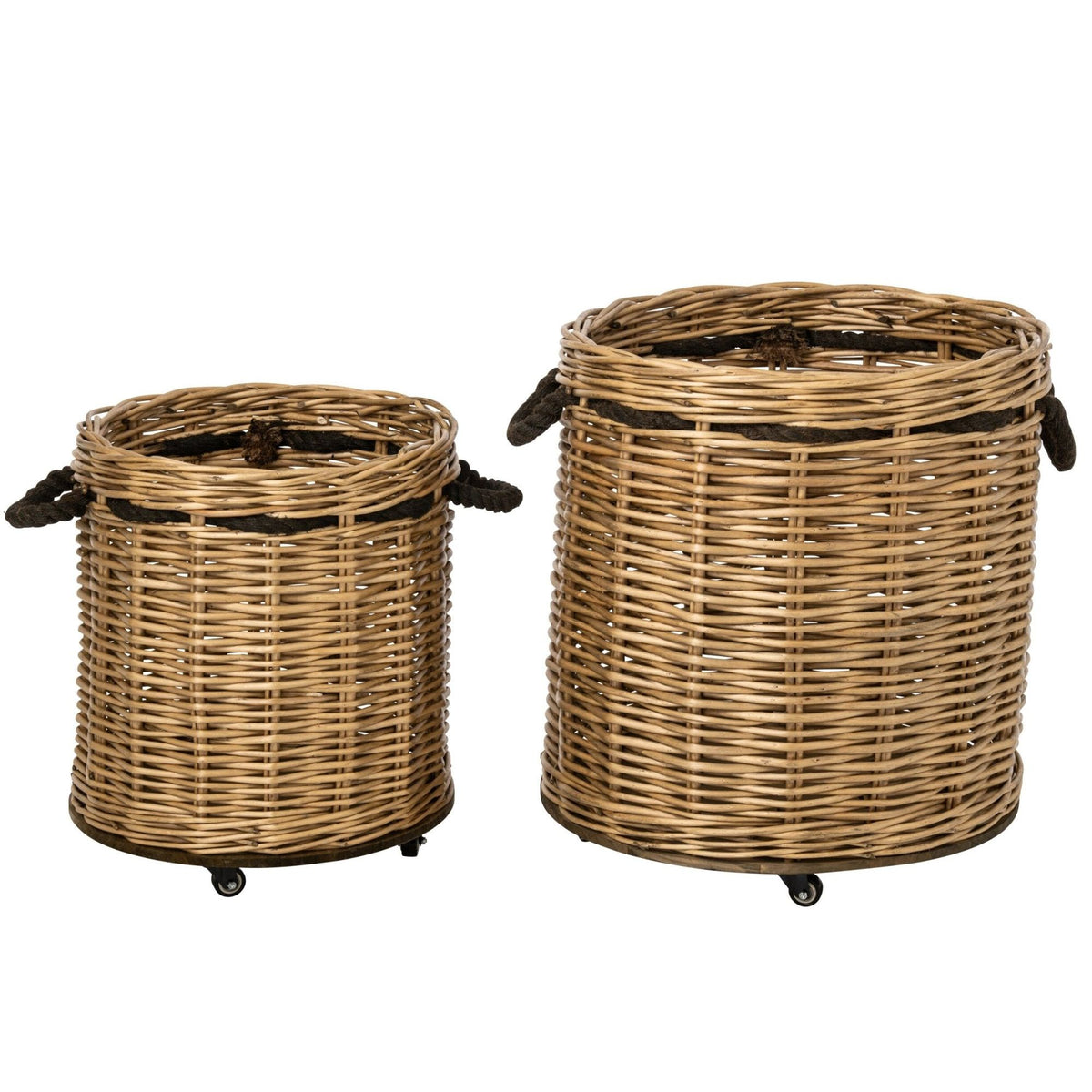 Juego de 2 Maceteros Redondos de Mimbre Natural/Greige con Ruedas J-Line