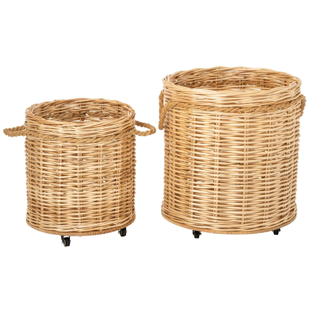 Juego de 2 macetas redondas de mimbre natural con ruedas J-Line
