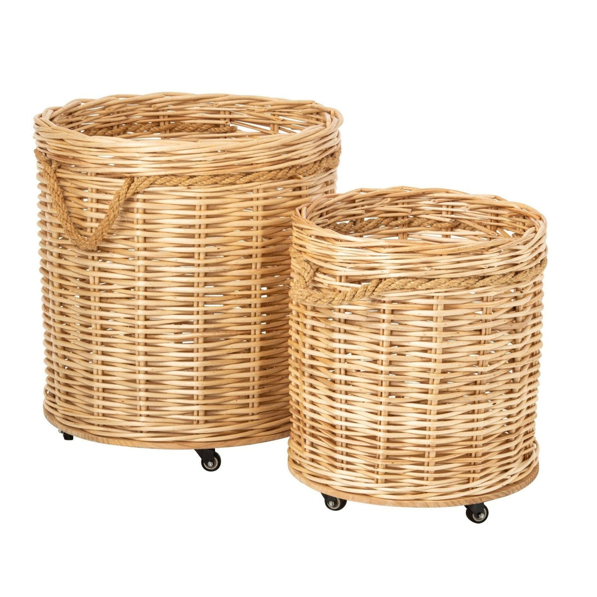 Juego de 2 macetas redondas de mimbre natural con ruedas J-Line