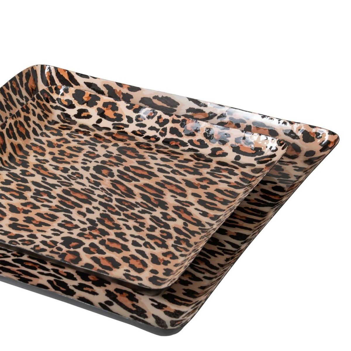 Set de 2 Bandejas Leo Cuadradas Estampado de Leopardo Metal Caramelo/Negro J-Line