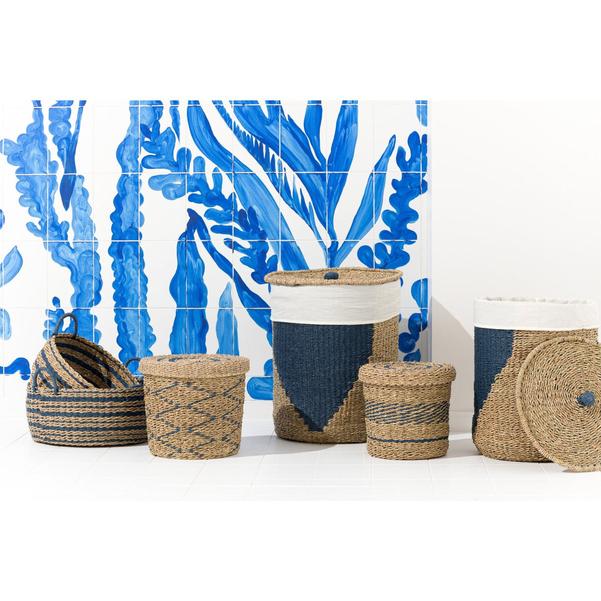 Set de 2 cestas + tapa de papel natural/azul J-Line