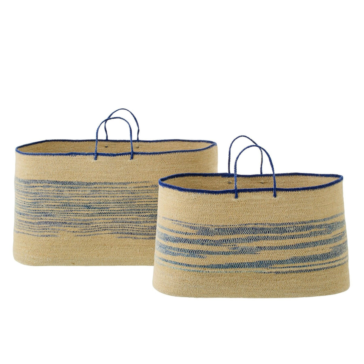 Juego de 2 cestas con asa de esparto natural/azul a rayas J-Line