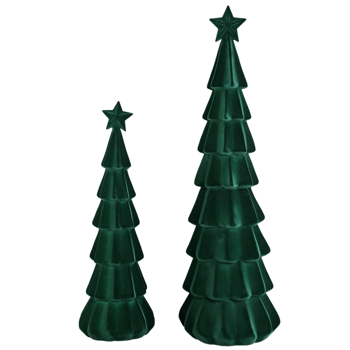 Set Van 2 Yule Kerstbomen Gelaagd Fluweel Donkergroen van PTMD, beide maten uit de set naast elkaar op witte achtergrond