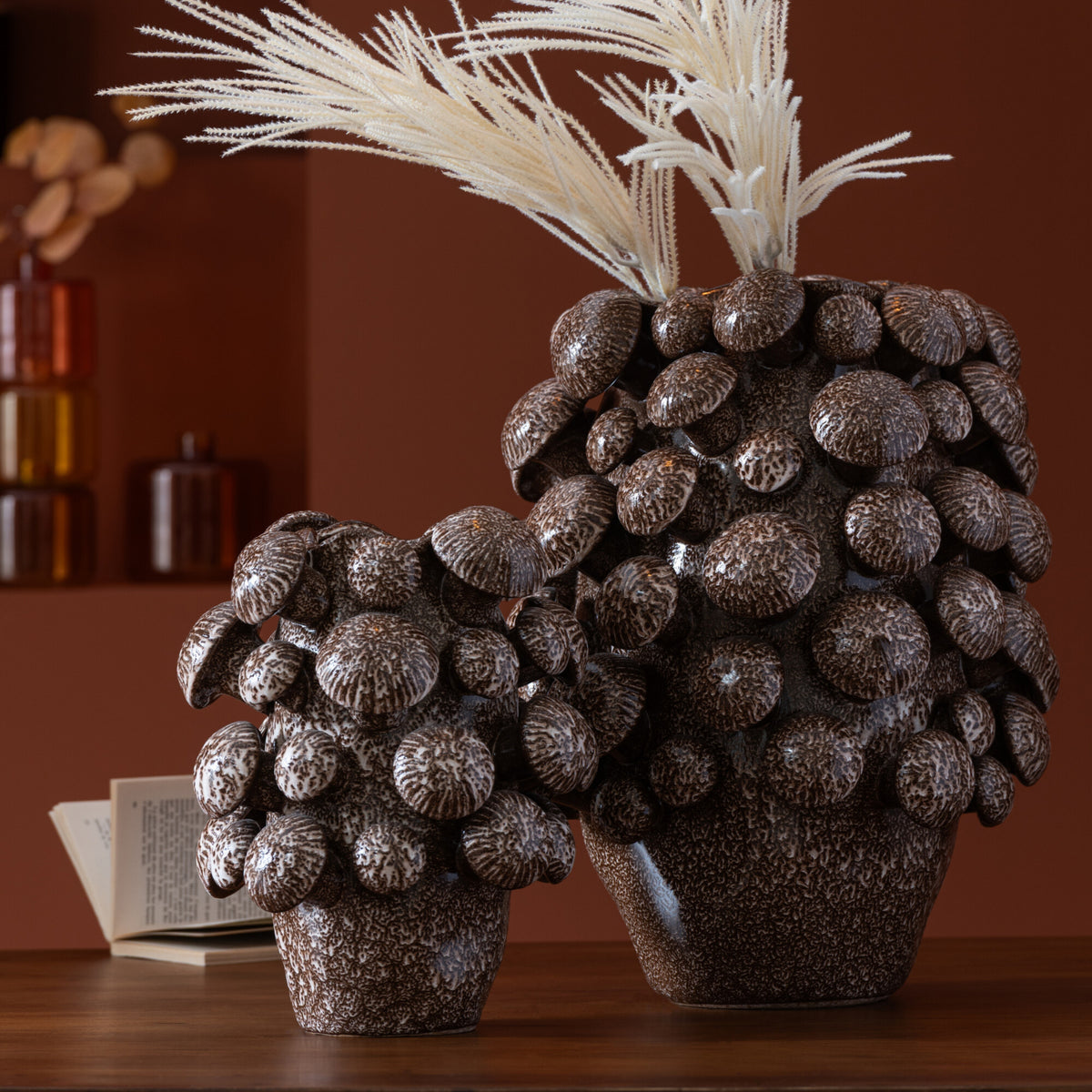 Vaas Fungi Keramiek Bruin Large Dia 33,5cmxH46cm J-Line - Vaas - J-Line - livinglovely.nl