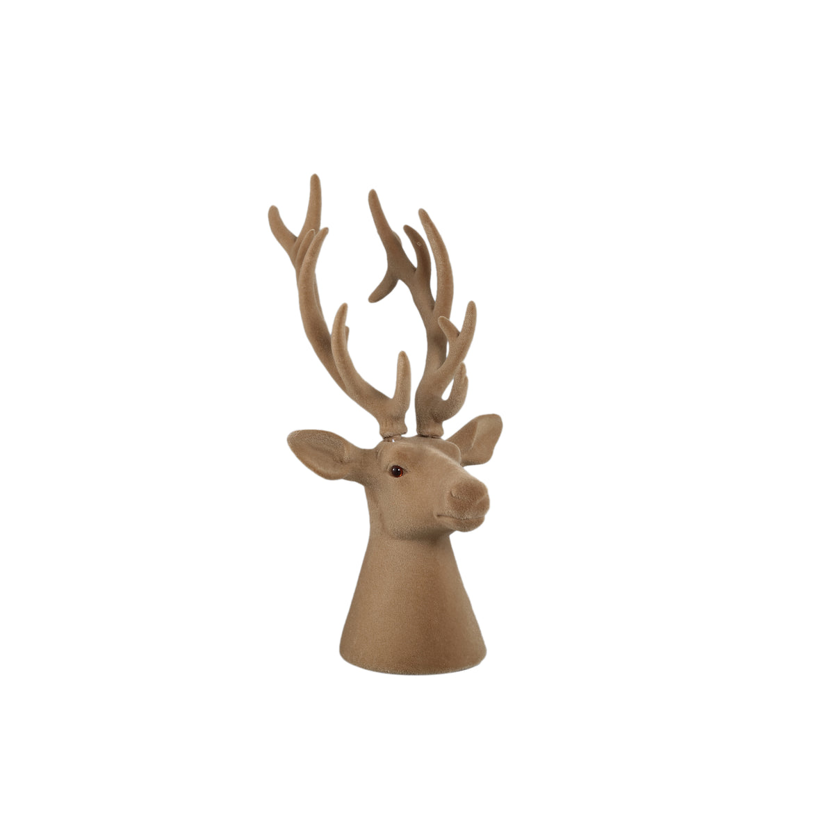 Yule Rendierkop Beige Small van PTMD, rendierkop op voet met groot gewei in beige fluweel op witte achtergrond