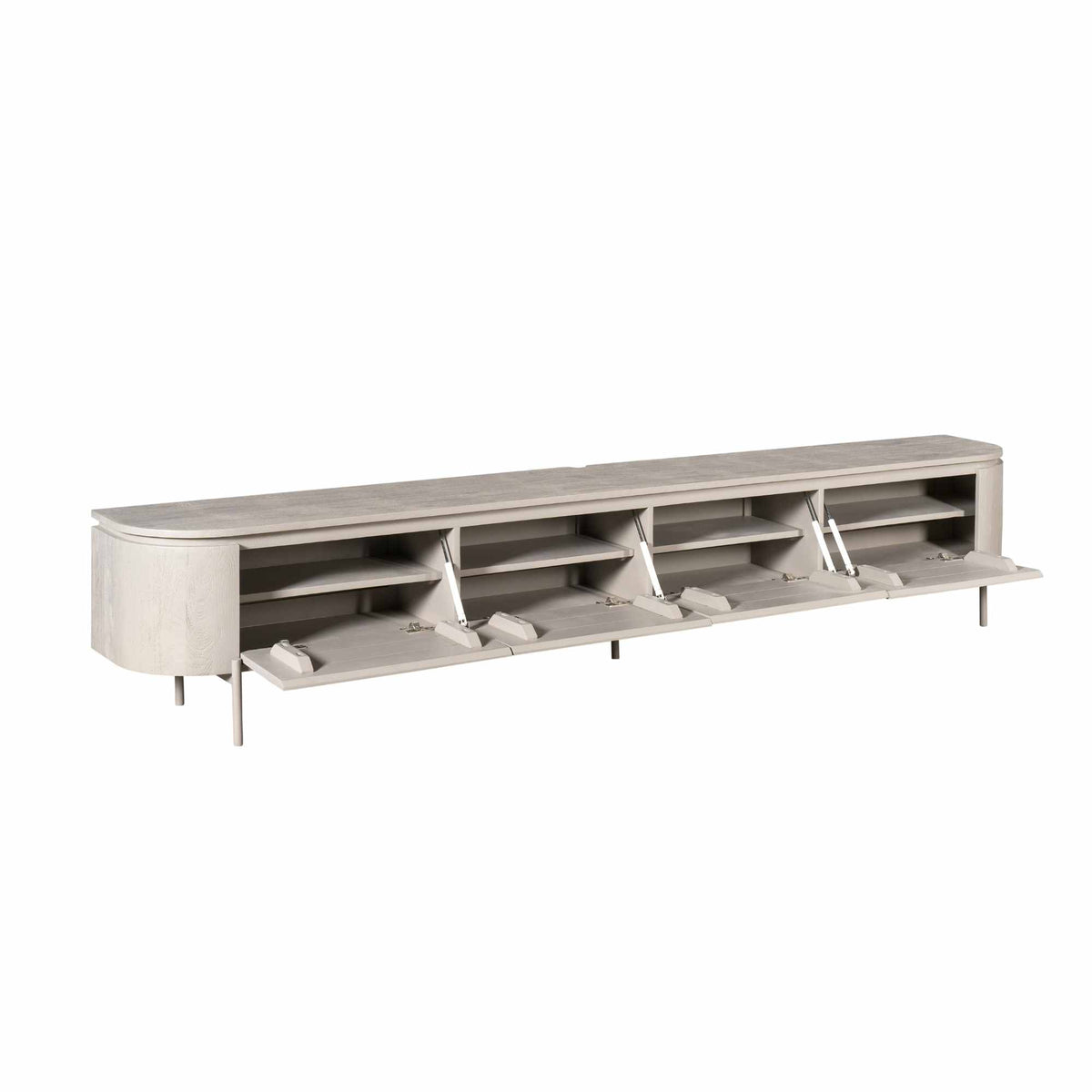 Zwevend TV-meubel Excellent Taupe 240cm van Starfurn met geopende klepdeuren en legplank