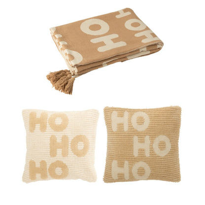 Pack navideño de plaid y cojines navideños HoHoHo beige/blanco J-Line