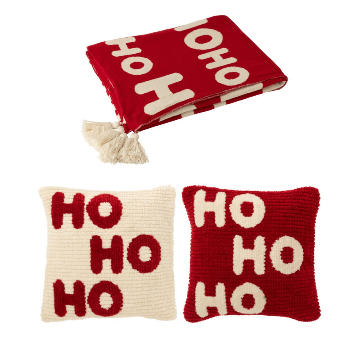 Set de Navidad Manta y Cojines Navideños HoHoHo Rojo/Blanco J-Line