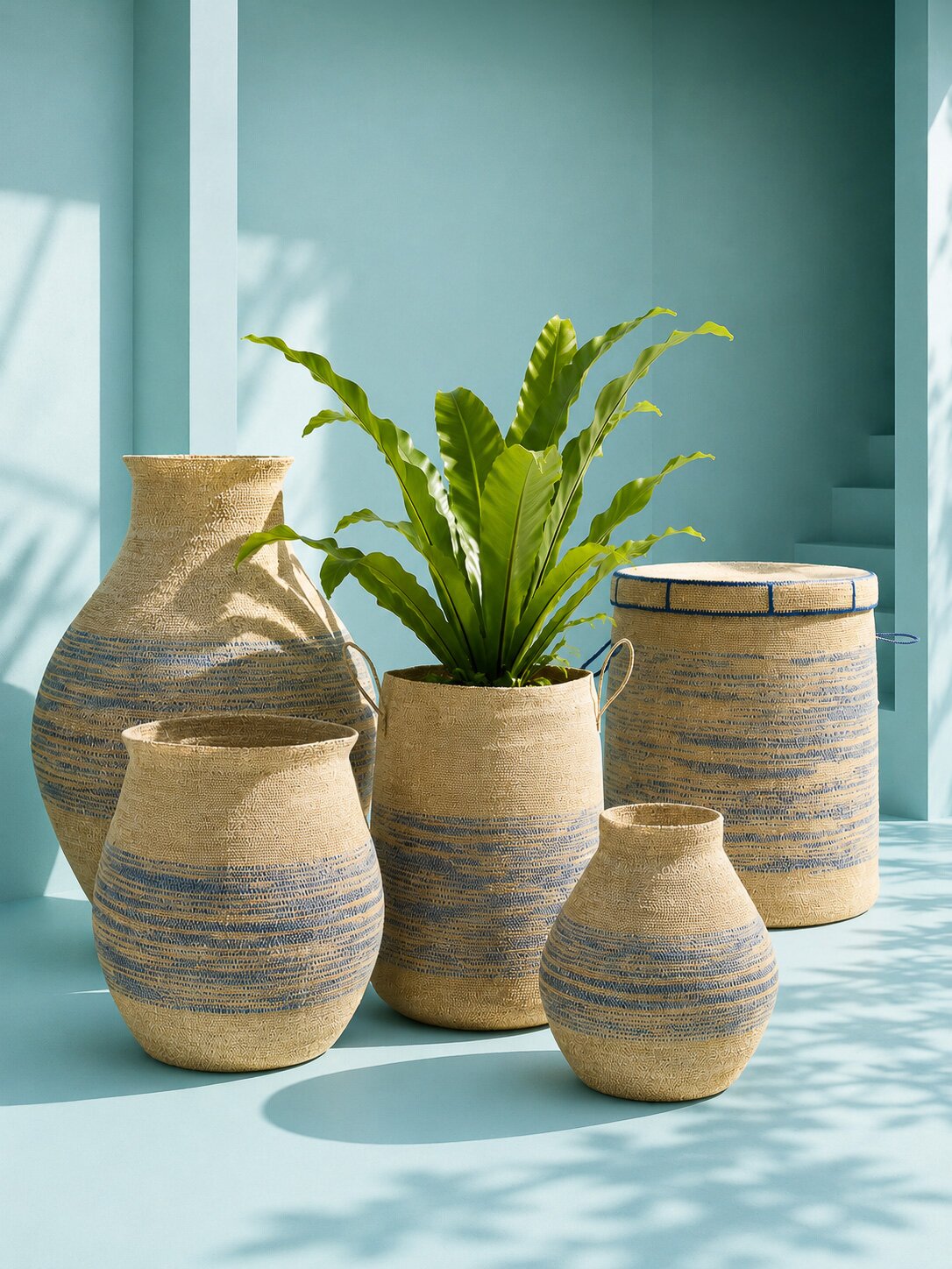 Cesta con asa + tapa a rayas de esparto natural/azul J-Line