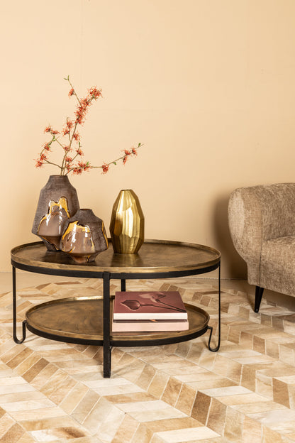 Mesa de café de aluminio Kae Gold de 2 niveles con estructura negra PTMD