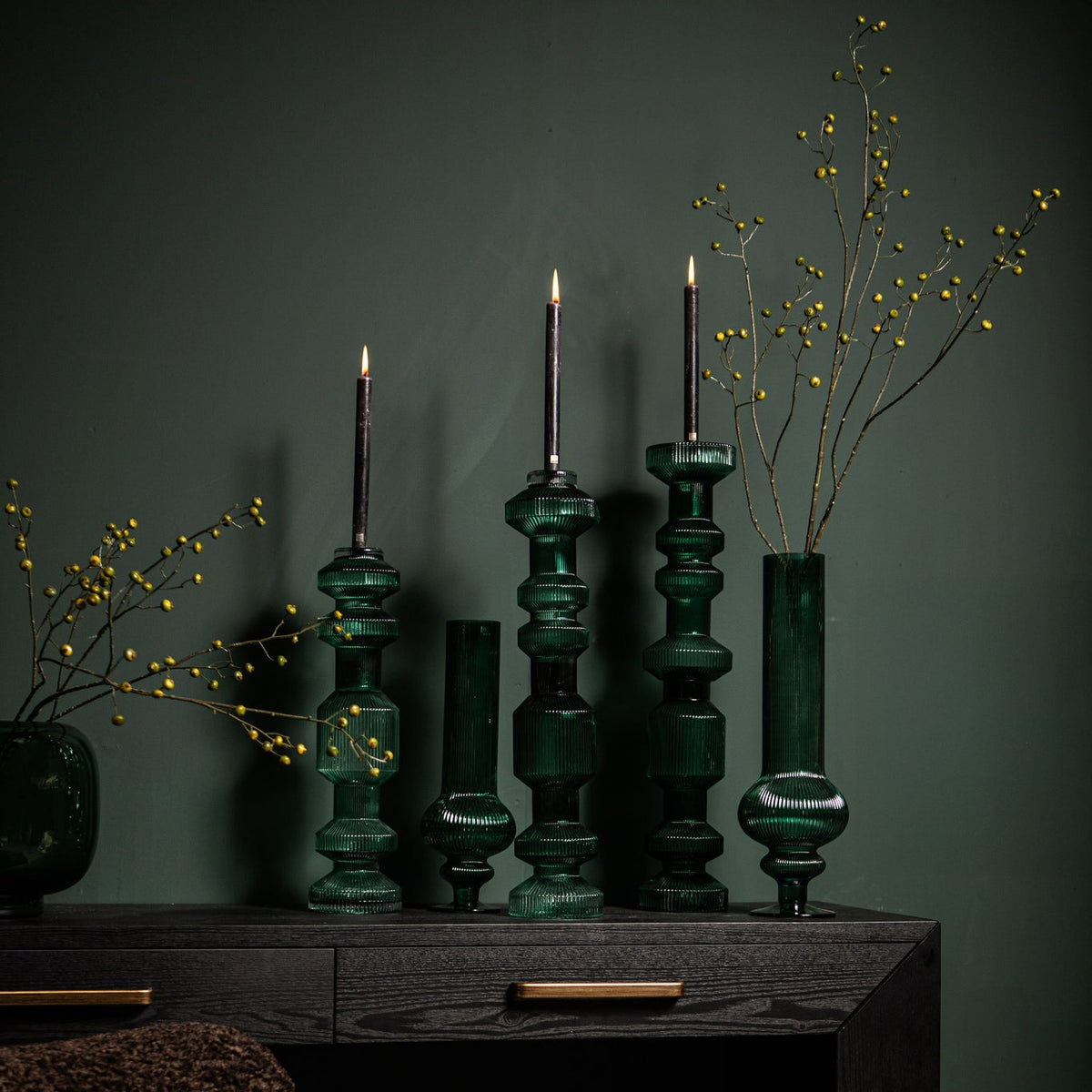 Galinda Candelabro de vidrio acanalado verde oscuro PTMD Set de 3