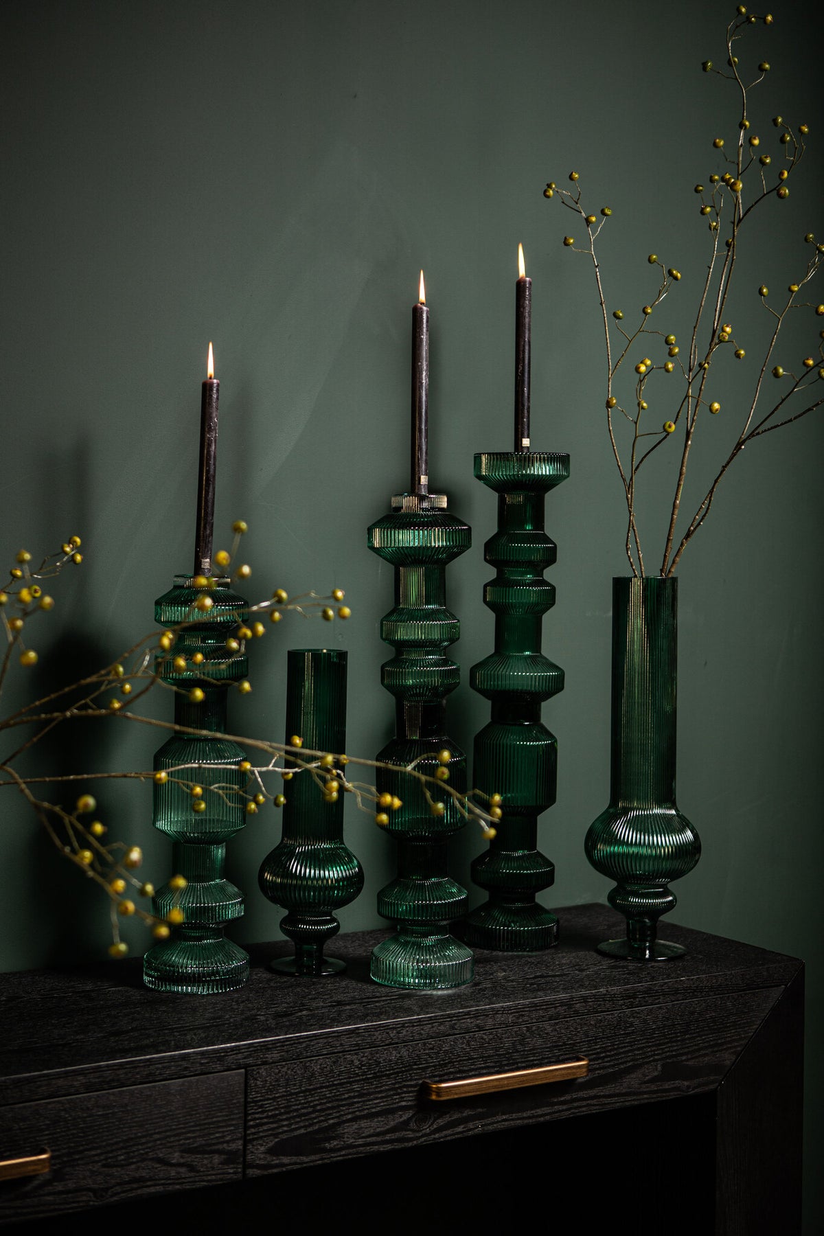 Galinda Candelabro de vidrio acanalado verde oscuro pequeño PTMD