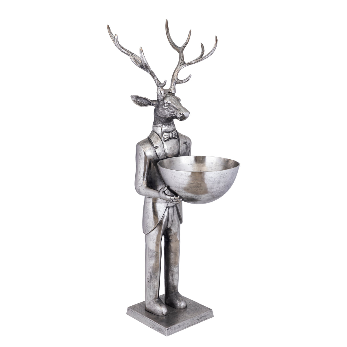 Estatua de reno con cuenco en metal gunmetal, 192 cm, grande, PTMD