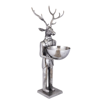 Estatua de reno con cuenco en metal gunmetal, 192 cm, grande, PTMD