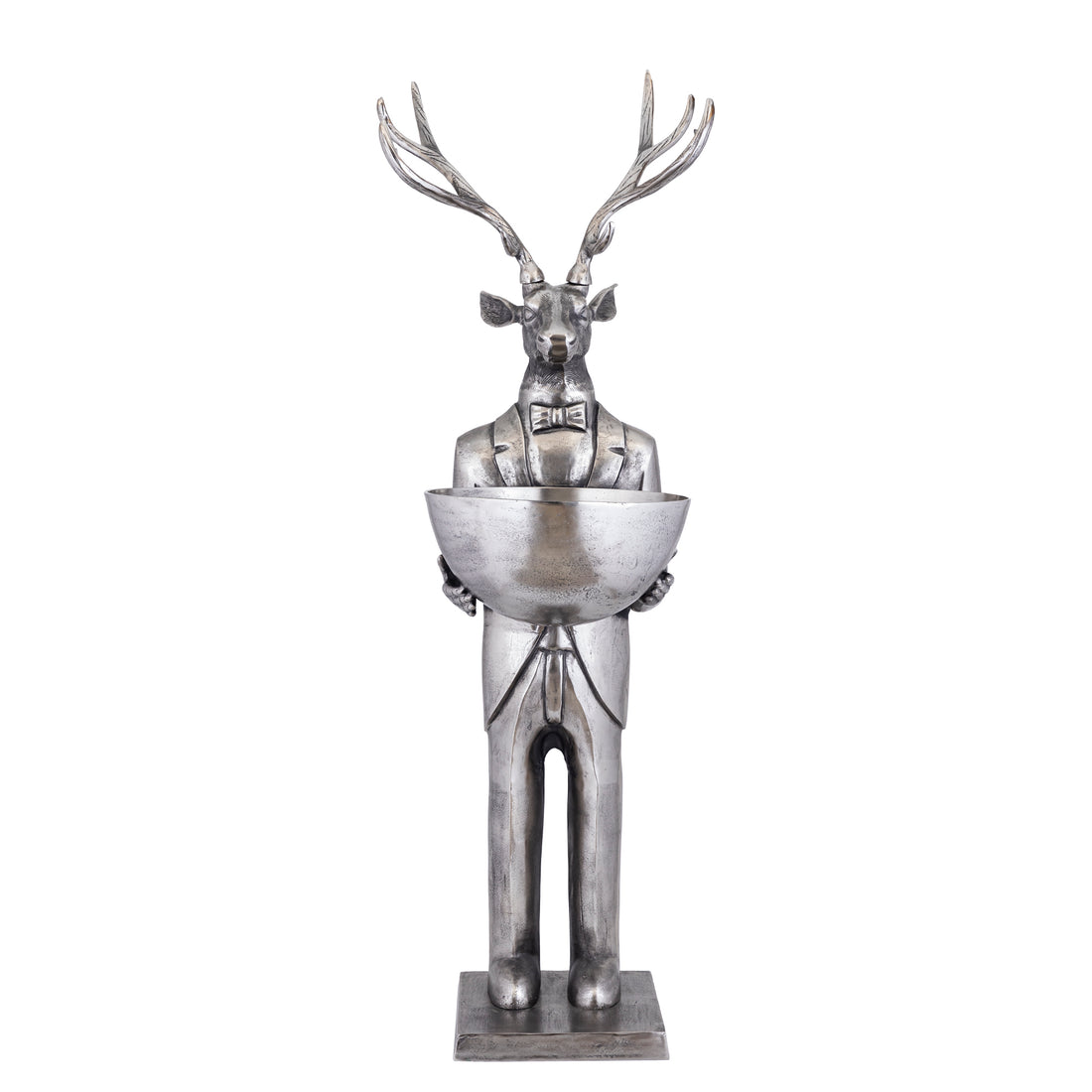 Estatua de reno con cuenco en metal gunmetal, 192 cm, grande, PTMD