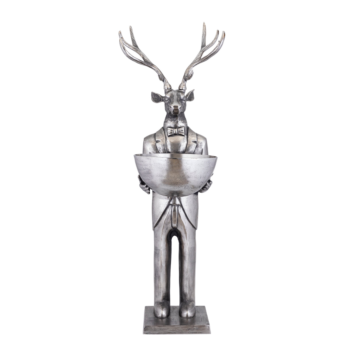 Estatua de reno con cuenco en metal gunmetal, 192 cm, grande, PTMD
