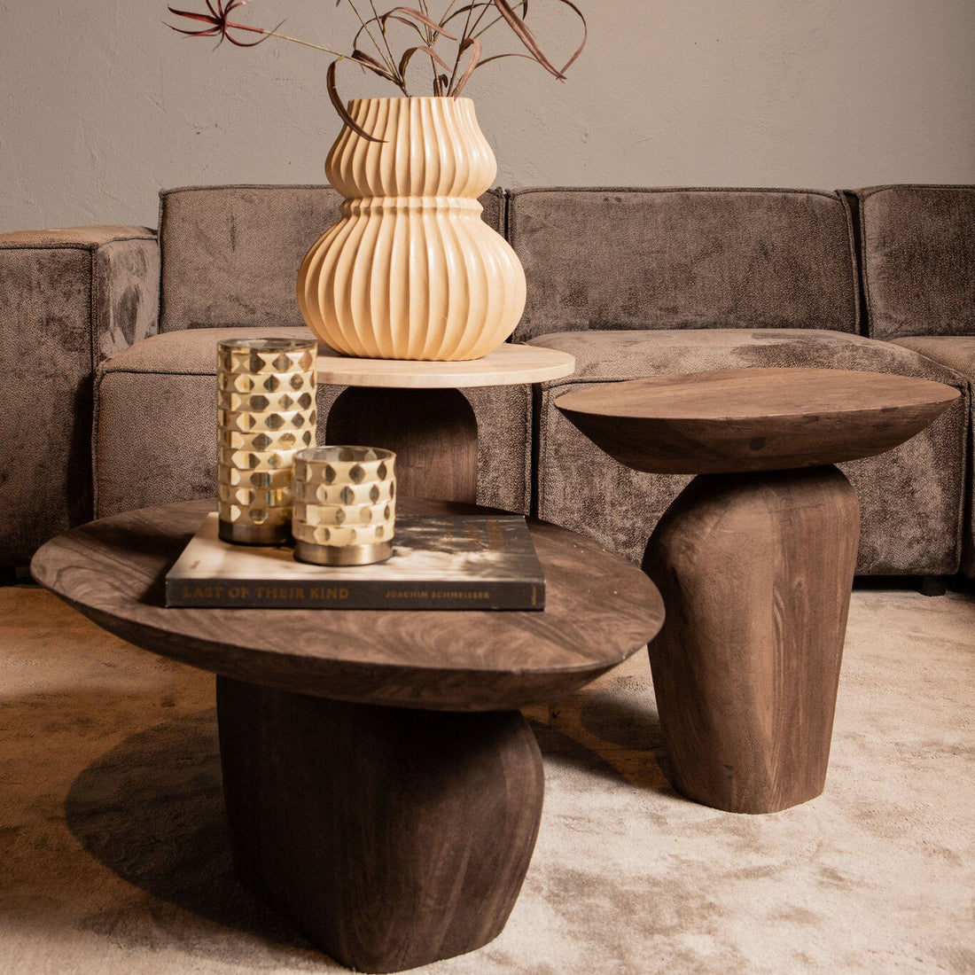 Mesa auxiliar Harshad de madera de mango marrón, forma orgánica, PTMD