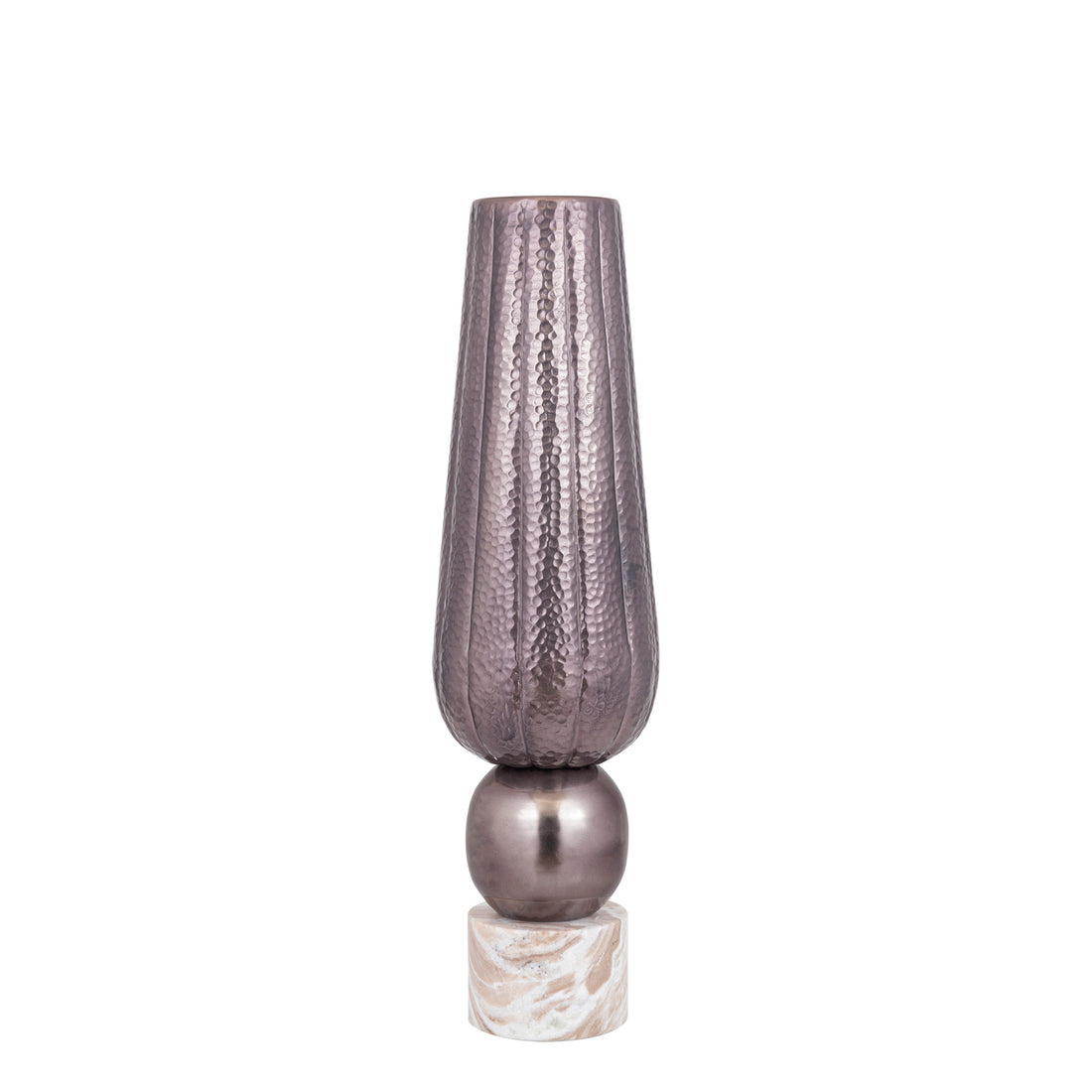 Jarrón Marive de lámina de aluminio bronce sobre base de mármol redondo, Diá. 20 x Al. 76 cm, PTMD